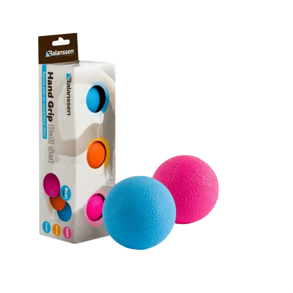 Zestaw dwóch piłeczek do masażu o teksturze, jedna różowa, druga niebieska, obok opakowanie z opisem.