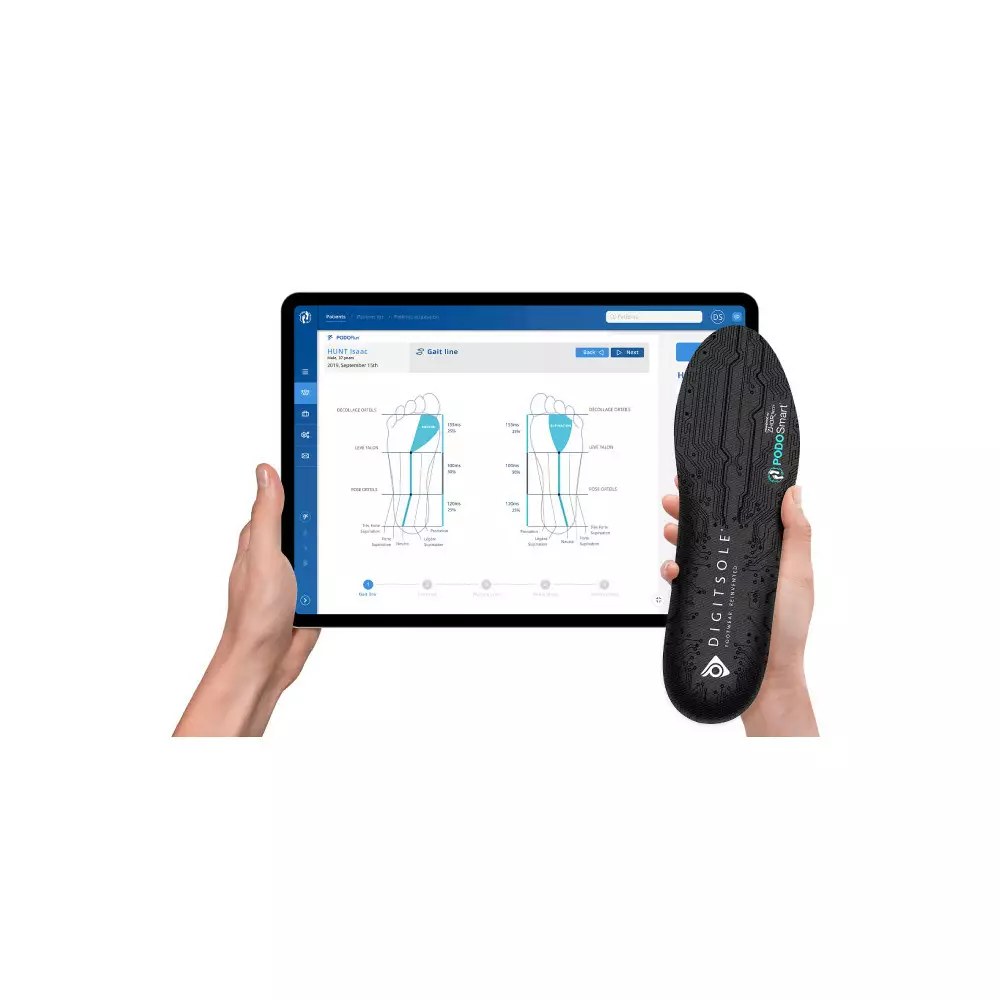 Urządzenie do analizy stóp i aplikacji na tablet z wykresami i danymi dotyczącymi podbicia i rozkładu nacisku.