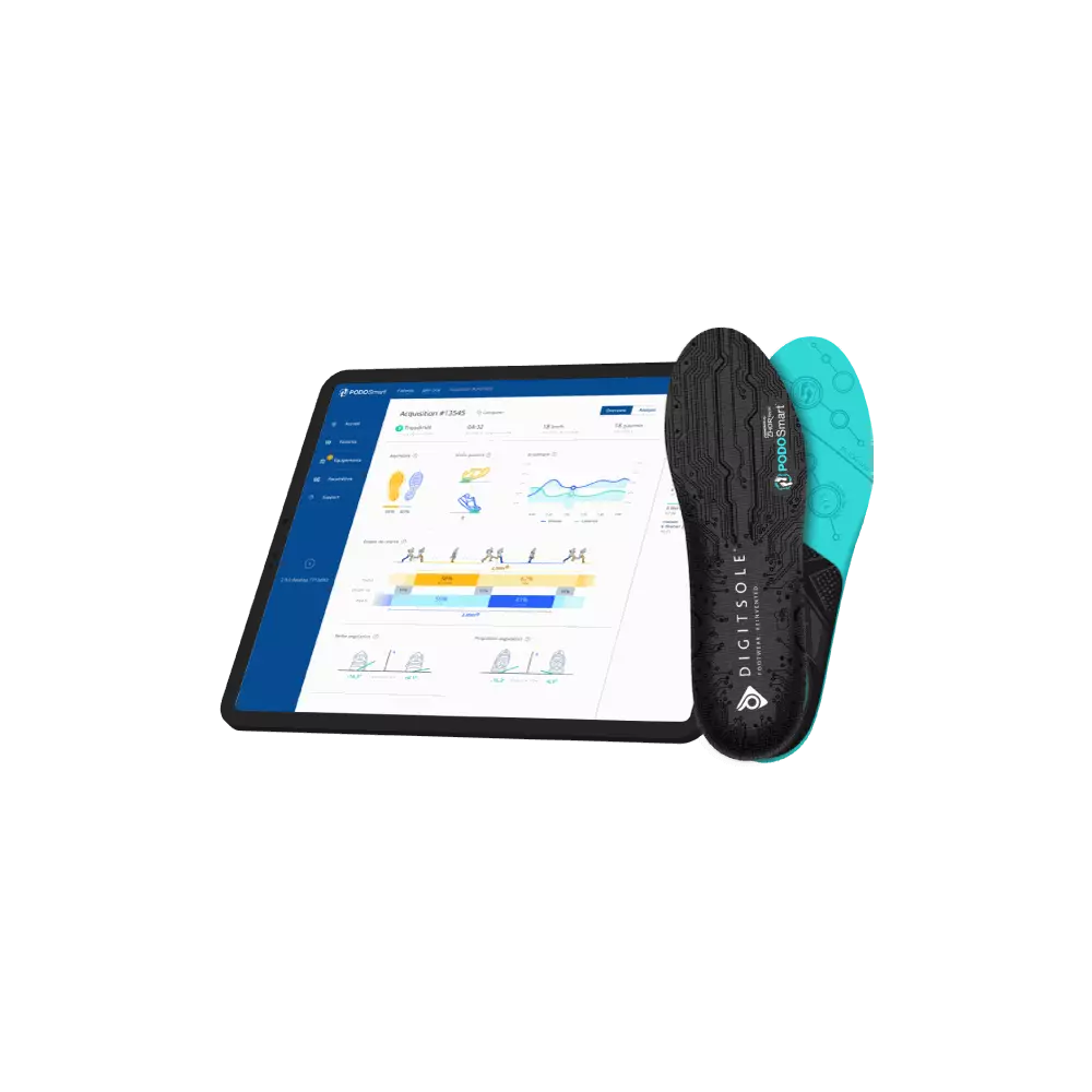 Tablet z wykresami i danymi, obok wkładka do ortopedycznych wkładek do butów.