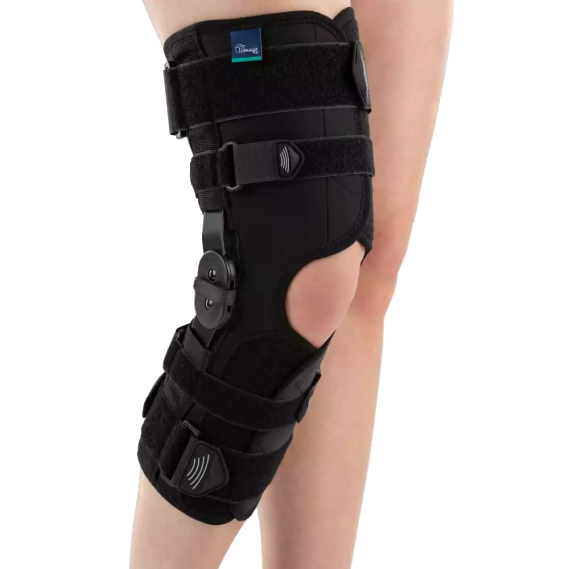 Orteza kolana z czterema regulowanymi paskami i czujnikami do monitorowania ruchu.