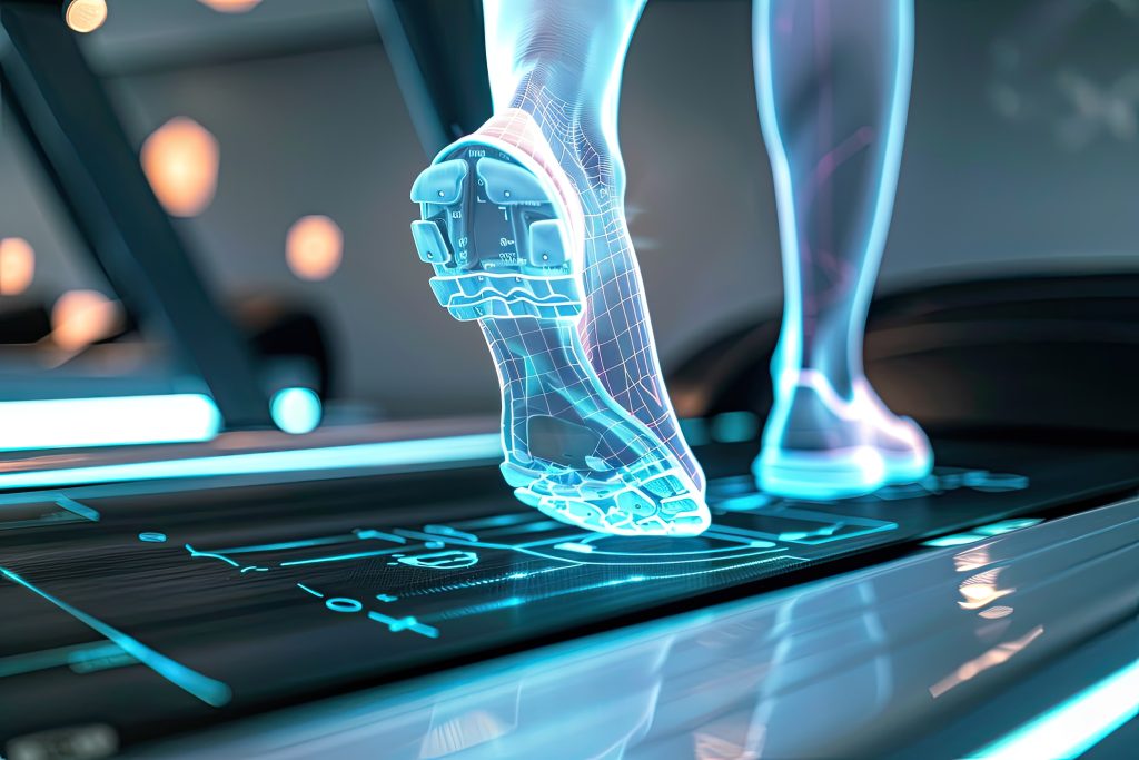 Wirtualna stopa z technologicznymi elementami, unosząca się nad podświetlanym panelem dotykowym.