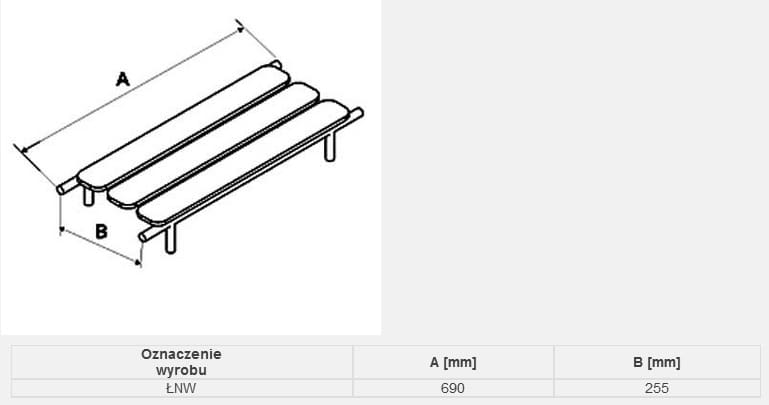 Szkic ławki z wymiarami: długość 690 mm, szerokość 255 mm, cztery drewniane siedziska na podporach.