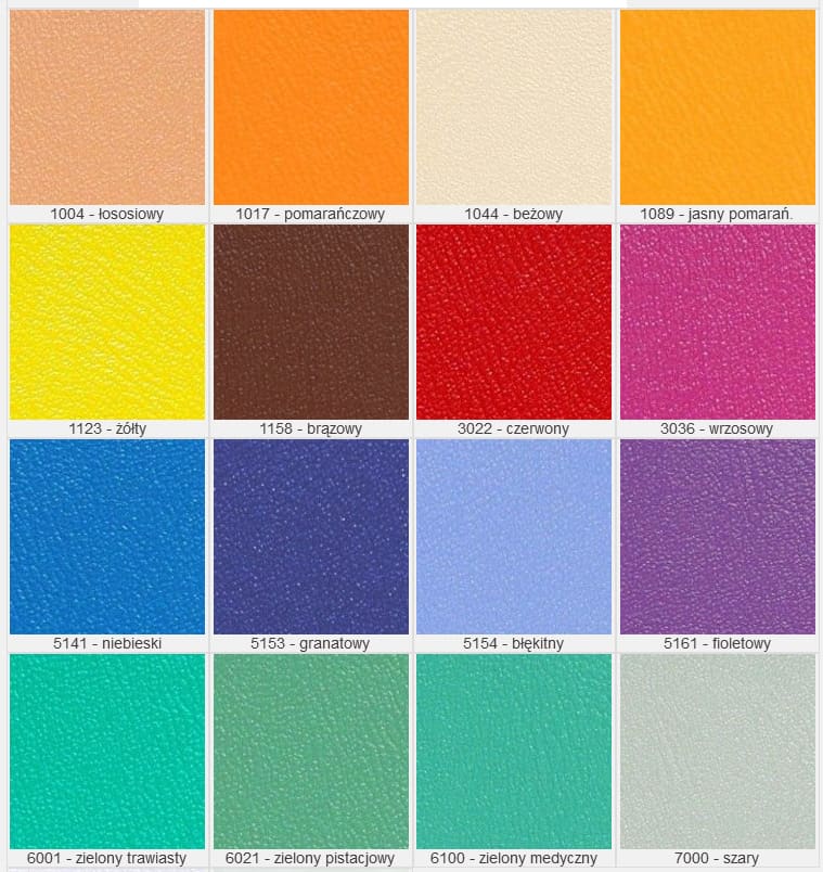Paleta 16 kolorów z teksturą, od jasnego beżu i pomarańczy po różne odcienie zieleni i szarości.