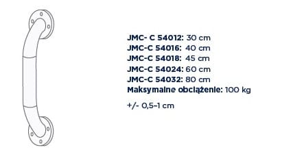 Specyfikacja uchwytu z wymiarami i maksymalnym obciążeniem 100 kg, wymiary od 30 do 80 cm.