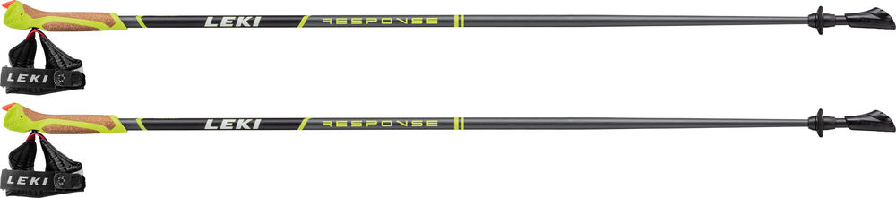 Para kijków trekkingowych LEKI Response z regulowanymi długościami i antypoślizgowymi końcówkami.
