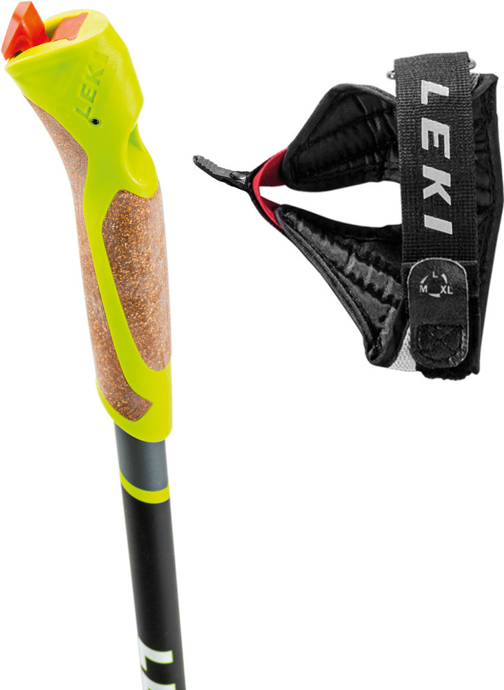 Kijkówka z czerwonymi elementami i czarnym paskiem z napisem LEKI na rękojeści kijka nordic walking.