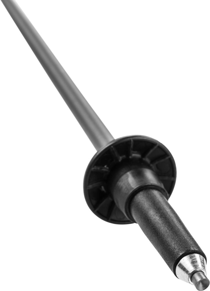 Szczegółowa końcówka narzędzia z czarnym, okrągłym uchwytem i metalowym trzonem, skierowana w dół.