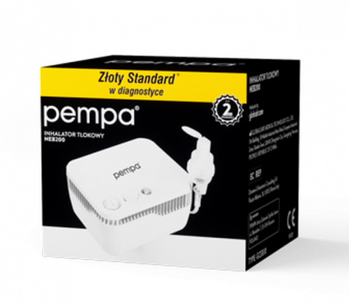 Pompka tlenowa Pempra NEB200 w czarno-żółtym opakowaniu z widocznym urządzeniem i wężem.