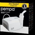 Inhalator tłokowy Pempa Neb Pro na czarnym tle z żółtym paskiem i informacją o 3-letniej gwarancji.