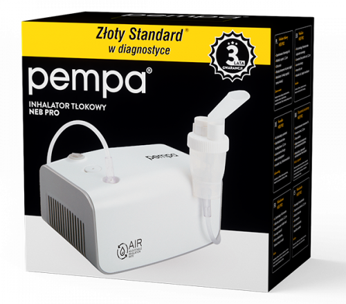 Inhalator tłokowy Pempa Neb Pro na czarnym tle z żółtym paskiem i informacją o 3-letniej gwarancji.
