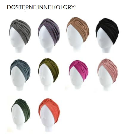 Dziewięć turbanów w różnych kolorach na białych manekinach, ułożonych w trzy rzędy.