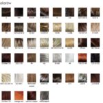 Próbka palety kolorów włosów w odcieniach brązu, blondów, czerwieni, szarości i czerni, z nazwami i numerami odcieni.