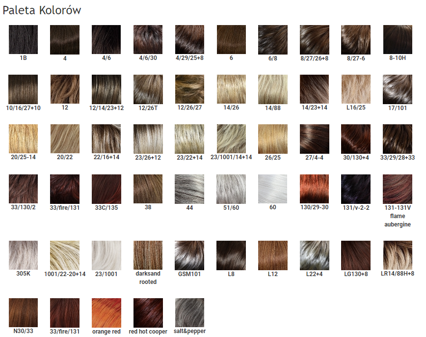 Próbka palety kolorów włosów w odcieniach brązu, blondów, czerwieni, szarości i czerni, z nazwami i numerami odcieni.