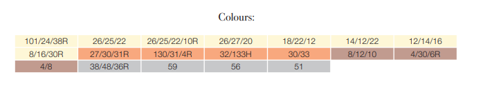 Tabela z nazwami kolorów i odpowiadającymi im kodami kolorów w różnych odcieniach i wartościach.
