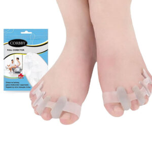 Orteza na haluksy palce mocowane i szponiaste, na tle opakowanie produktu.