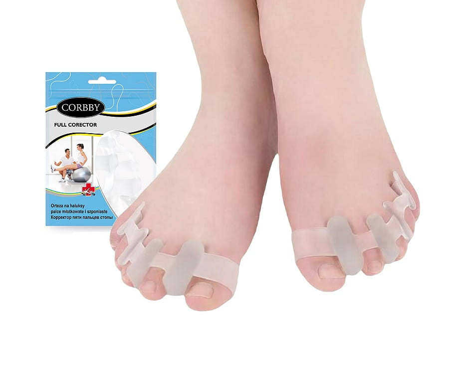 Orteza na haluksy palce mocowane i szponiaste, na tle opakowanie produktu.