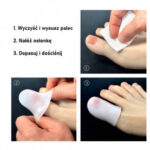 Instrukcje pielęgnacji palca: mycie, nałożenie opatrunku, dopasowanie i dociśnięcie.