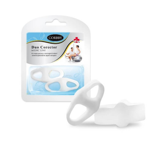Zestaw dwóch silikonowych korektorów do palców, w opakowaniu z etykietą marki Corbby, przeznaczonych do terapii i relaksa