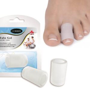 Przedmiot do ochrony palców u stóp, na opakowaniu i na palcu osoby, wykonany z przezroczystego żelowego materiału.