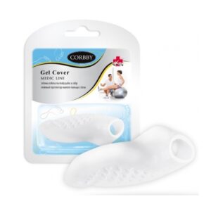 Miękki, biały żelowy pokrowiec na palec do masażu i terapii, w opakowaniu z ilustracją osoby korzystającej z produktu.