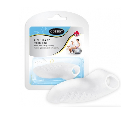 Miękki, biały żelowy pokrowiec na palec do masażu i terapii, w opakowaniu z ilustracją osoby korzystającej z produktu.