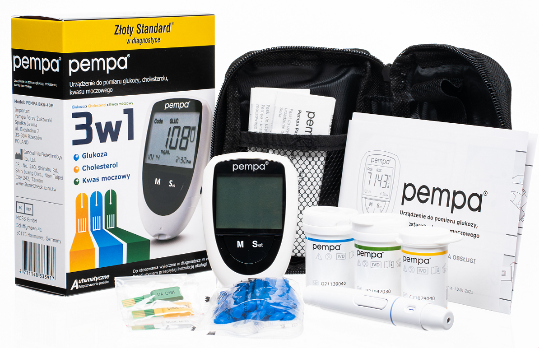 Przenośny glukometr, test paski, instrukcje, etui i próbki do pomiaru cukru we krwi.