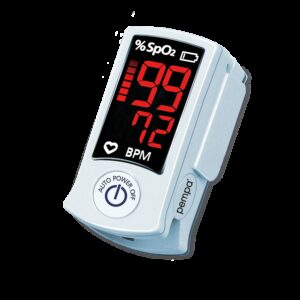 Oksymetr pulsoksymetr z wyświetlaczem pokazującym poziom SpO2 95%, tętno 72 i symbol baterii.
