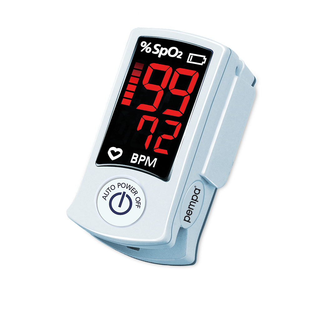 Oksymetr pulsoksymetr z wyświetlaczem pokazującym poziom SpO2 95%, tętno 72 i symbol baterii.