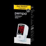 Pulsoksymetr na czarnym tle z wyświetlaczem pokazującym 99% SpO2 i 72 BPM, opakowanie z żółtym i czarnym nadrukiem.