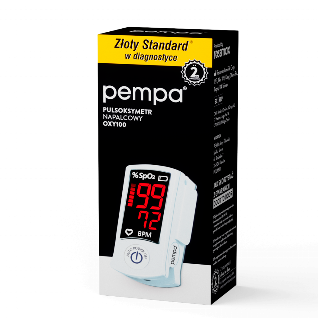 Pulsoksymetr na czarnym tle z wyświetlaczem pokazującym 99% SpO2 i 72 BPM, opakowanie z żółtym i czarnym nadrukiem.