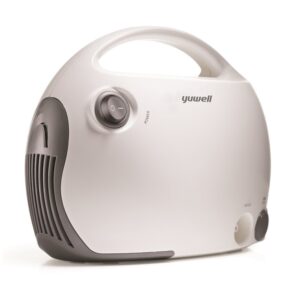 Przenośny odkurzacz z białym korpusem, włącznikiem na górze i wyjściem powietrza z lewej strony.