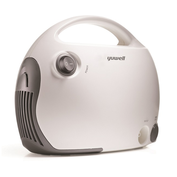 Przenośny odkurzacz z białym korpusem, włącznikiem na górze i wyjściem powietrza z lewej strony.