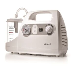 Przenośny aparat do nebulizacji z zbiornikiem na lek, pokrętłem i wskaźnikiem ciśnienia, marki Yuwell.