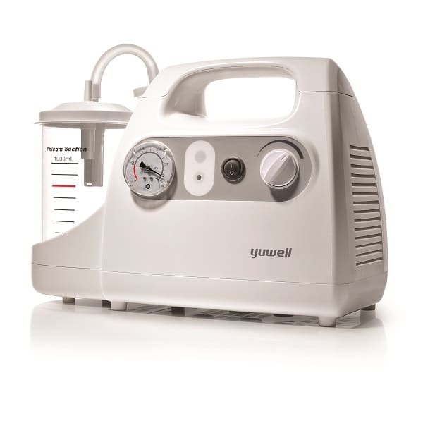 Przenośny aparat do nebulizacji z zbiornikiem na lek, pokrętłem i wskaźnikiem ciśnienia, marki Yuwell.