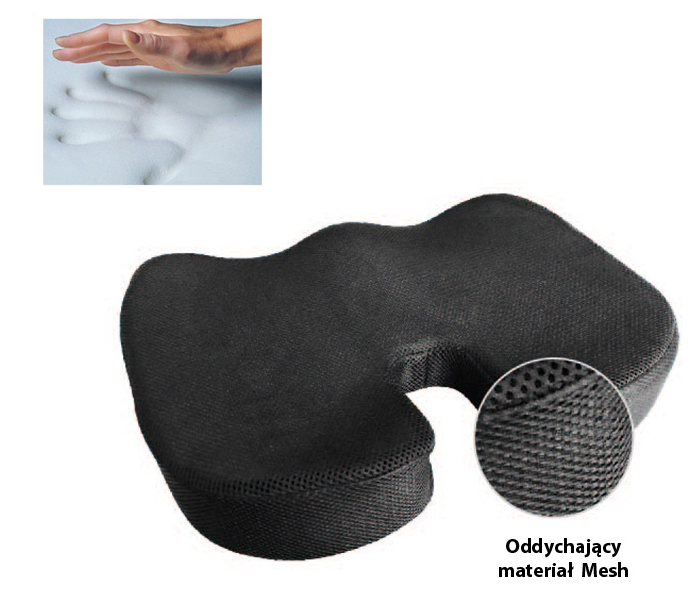 Poduszka ortopedyczna z czarnego materiału mesh, ergonomiczny kształt, przeznaczona do relaksu i poprawy postawy.