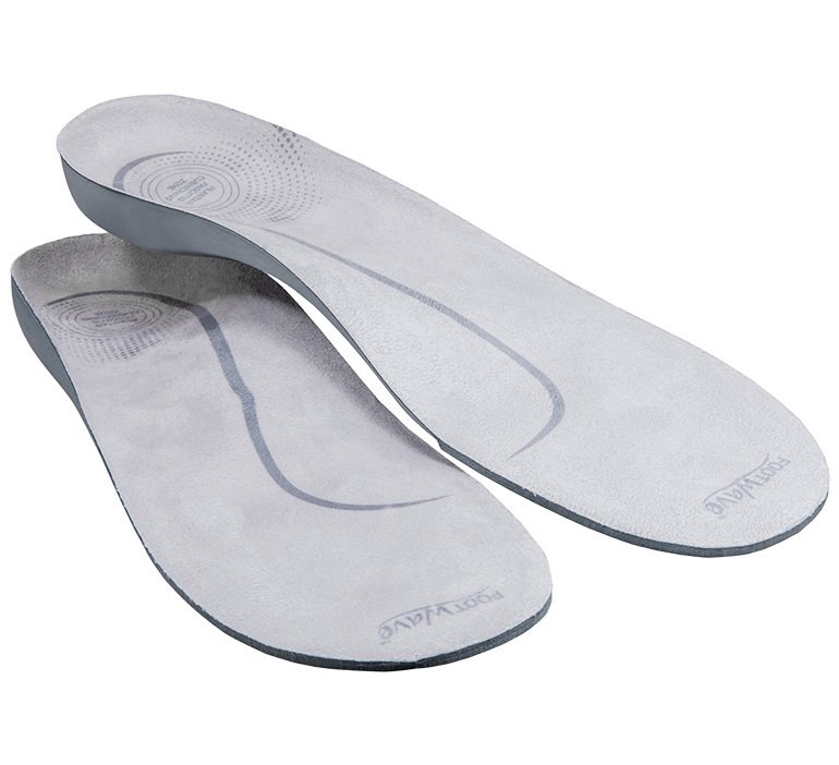 Podeszwowe wkładki ortopedyczne z żelową warstwą i oznaczeniem marki, przeznaczone do poprawy komfortu stóp.