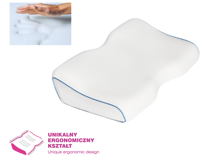 Poduszka ortopedyczna z ergonomicznym kształtem, pokryta białym materiałem, idealna do wsparcia ciała.