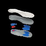 Wkładki ortopedyczne z różnymi warstwami i elementami, przeznaczone do korekcji i wsparcia stóp.