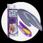 Żelowe wkładki na podbicie stopy, w opakowaniu z opisem łagodzenia bólu i regeneracji, w kolorach szary, fioletowy i żó