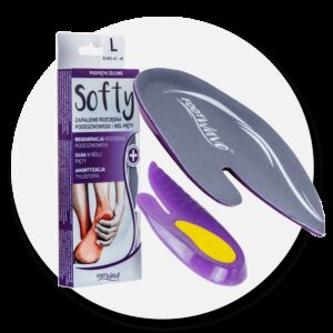 Żelowe wkładki na podbicie stopy, w opakowaniu z opisem łagodzenia bólu i regeneracji, w kolorach szary, fioletowy i żó
