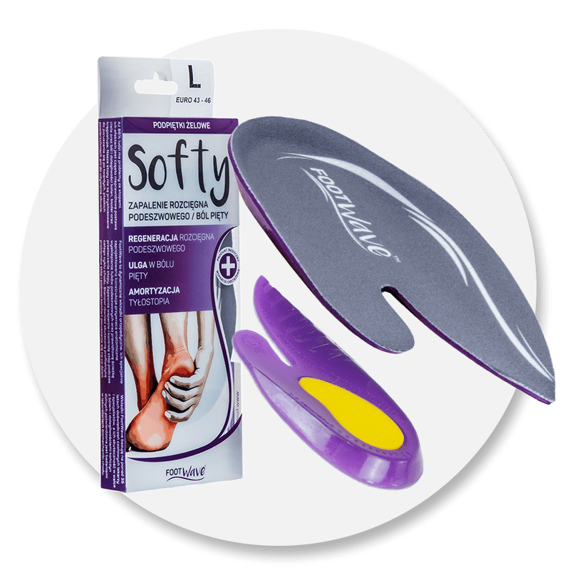 Żelowe wkładki na podbicie stopy, w opakowaniu z opisem łagodzenia bólu i regeneracji, w kolorach szary, fioletowy i żó