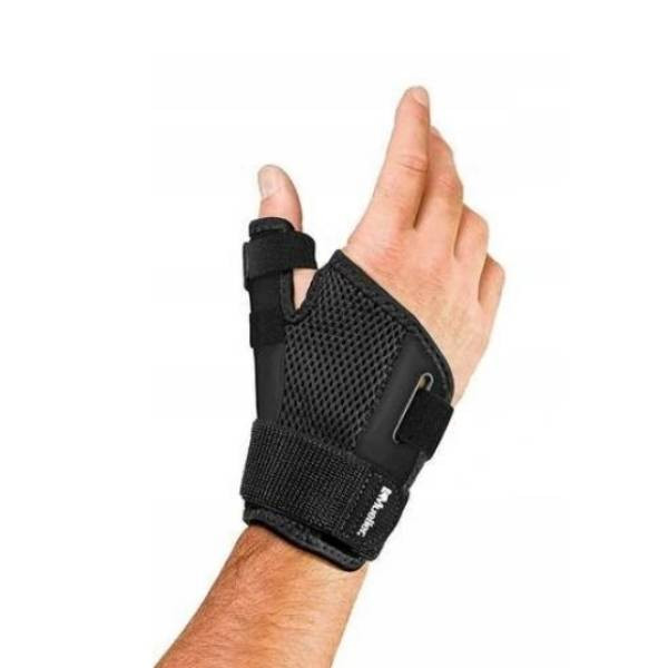 Ortopedyczna orteza na nadgarstek z czarną siateczkową osłoną i regulowanymi paskami, zapewniająca stabilizację i wspar