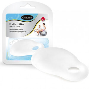 Silikonowy poduszka na haluksy, delikatna, miękka, w kolorze białym, w opakowaniu z ilustracją osoby korzystającej z niej