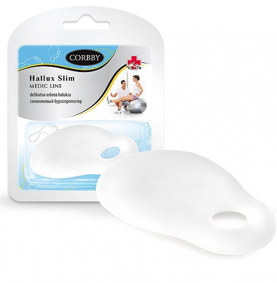 Silikonowy poduszka na haluksy, delikatna, miękka, w kolorze białym, w opakowaniu z ilustracją osoby korzystającej z niej