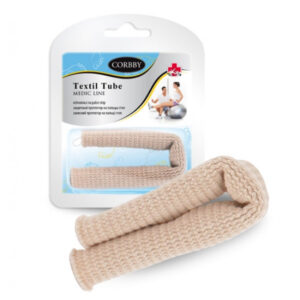 Miękka, beżowa opaska tekstylna do podtrzymywania na stole, w opakowaniu z etykietą marki Corbby i ilustracją osoby ćwic