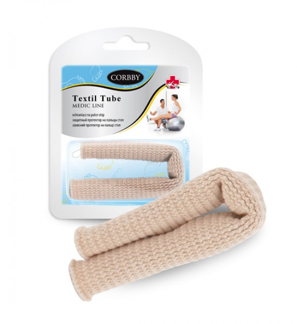 Miękka, beżowa opaska tekstylna do podtrzymywania na stole, w opakowaniu z etykietą marki Corbby i ilustracją osoby ćwic