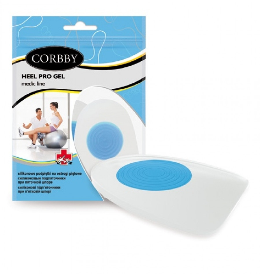 Silikonowe podkładki na ostrogi piłowe, w opakowaniu z logo Corbby, przeznaczone do ochrony podczas ćwiczeń fizycznych.