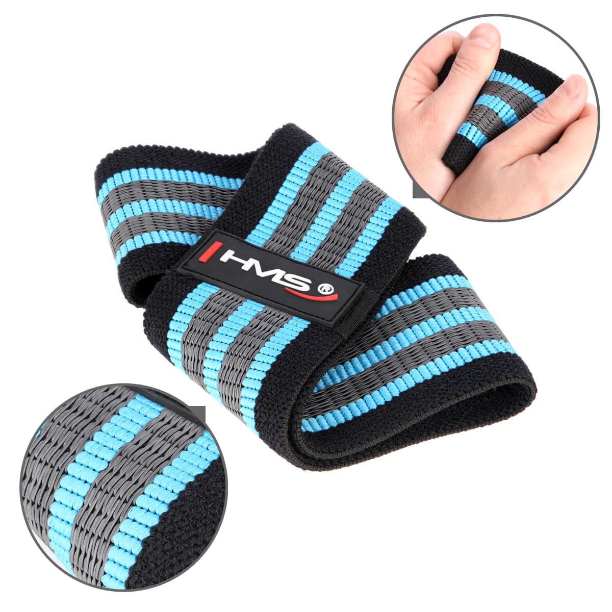 Elastyczny pasek do ćwiczeń z czarno-niebiesko-szarymi paskami i logo HMS, trzymany w ręku, z powiększonymi fragmentami p