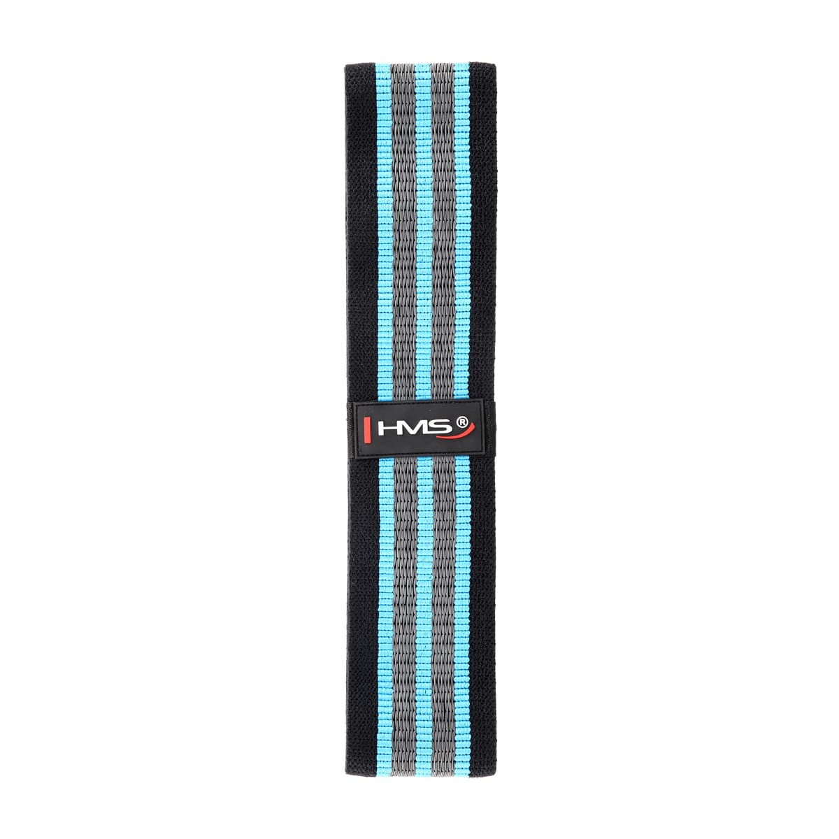 Elastyczny pasek sportowy z czarnym tłem, niebieskimi i szarymi paskami, z logo HMS na czarnej nakładce.
