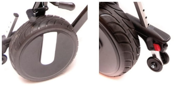 Kółka elektrycznego wózka inwalidzkiego z czarnym pokryciem i elementami sterującymi, widoczne z różnych kątów.